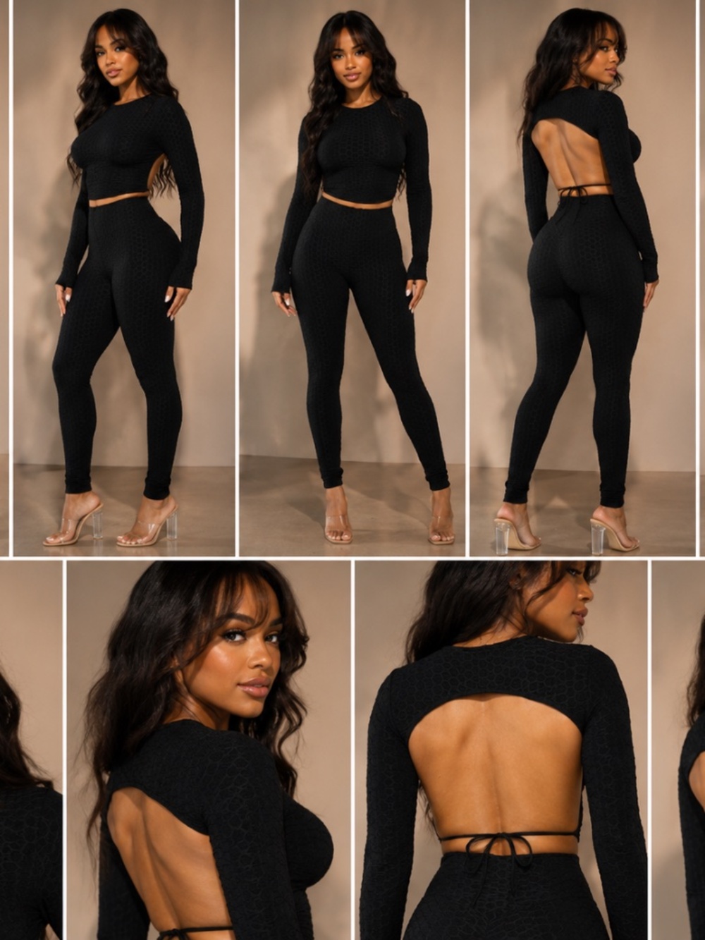 Black Textured Open Back Crop Top Leggings Set 2 Piece Outfit